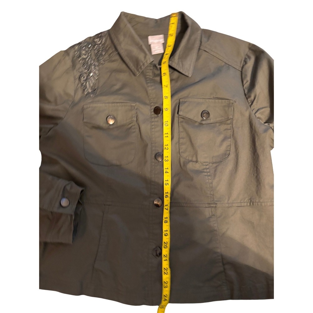 Chico's Utility Jacket Womens 2P Olive Green Excellent Beaded Floral Embroidery - Picture 8 of 9
